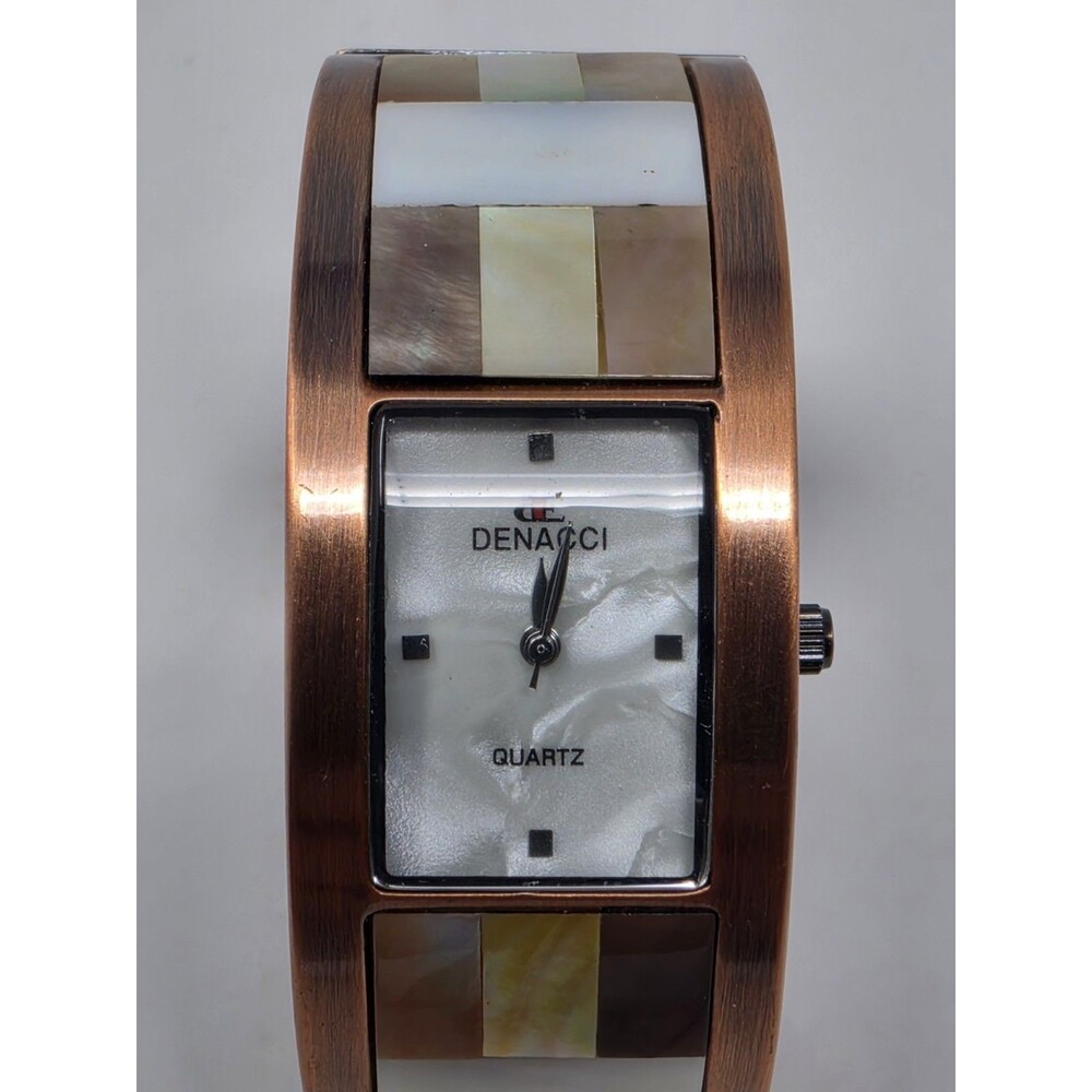 Denacci Quartz Watch Shell Inlay Rectangular Bronze Tone Vintage Style